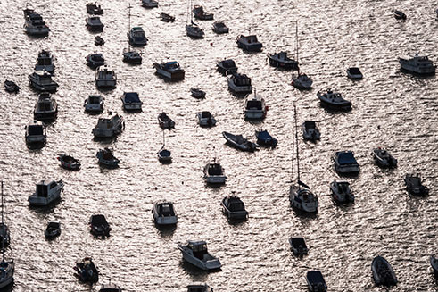 Sailing boats in the harbour, seen from Mont Orgueil Castle, Jersey.